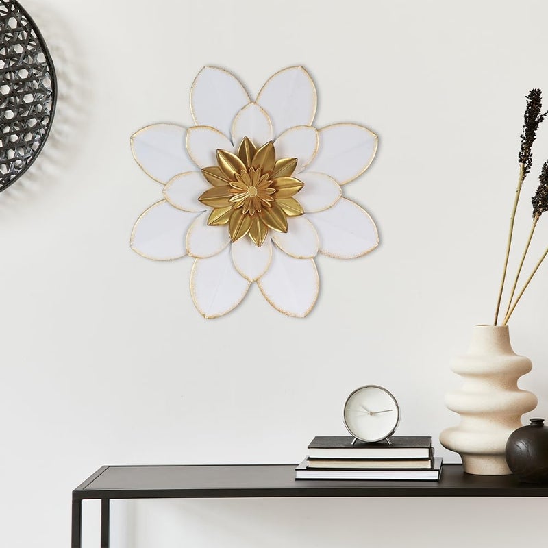 hogardeck Metal Flower Wall Decor, 16" White Gold Floral Metal Wall Art for Indoor Outdoor, Boho Farmhouse Modern Wall Decor for Bathroom, Living Room, Kitchen, Bedroom, Porch, Garden, Yard - Image 3
