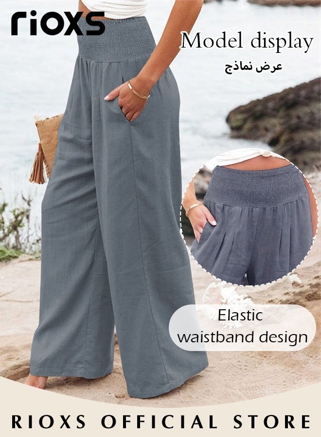 ريوكس سيدتي سراويل نسائية قطنية طويلة غير رسمية فضفاضة بخصر عالي بنطلون مطاطية مريحة مع - Image 2