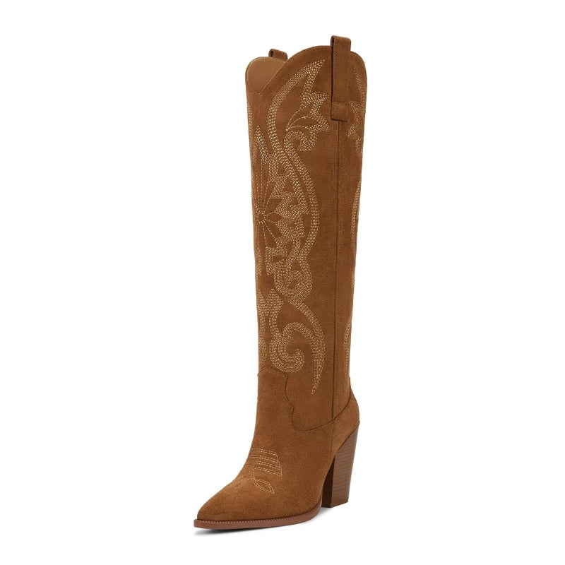 ISNOM Cowboy Boots for Women Brown Cowgirl Boots Pointed Toe Western Knee High Boots - Image 1