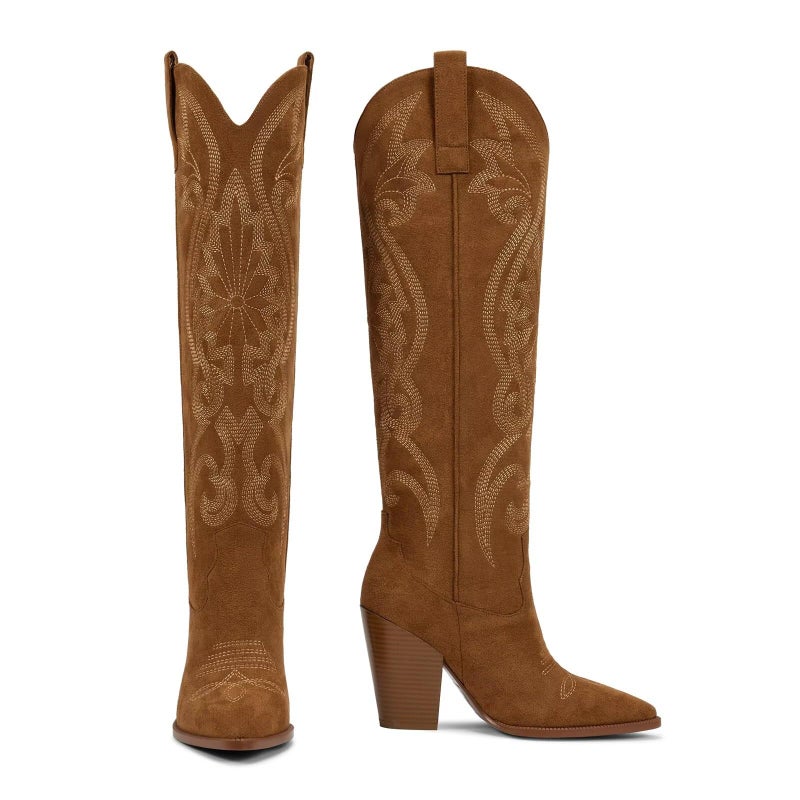ISNOM Cowboy Boots for Women Brown Cowgirl Boots Pointed Toe Western Knee High Boots - Image 4