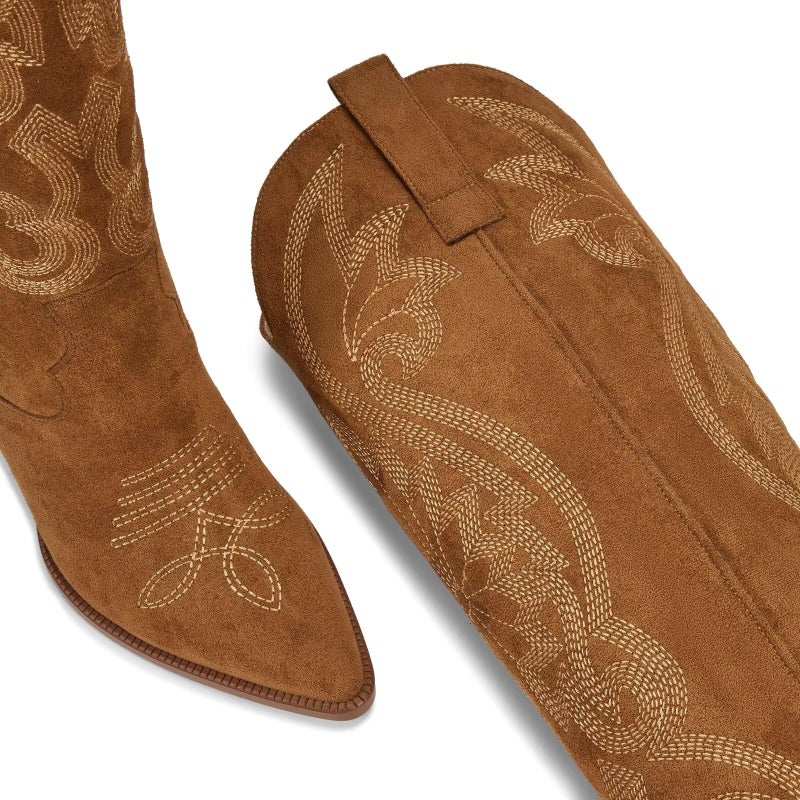 ISNOM Cowboy Boots for Women Brown Cowgirl Boots Pointed Toe Western Knee High Boots - Image 5