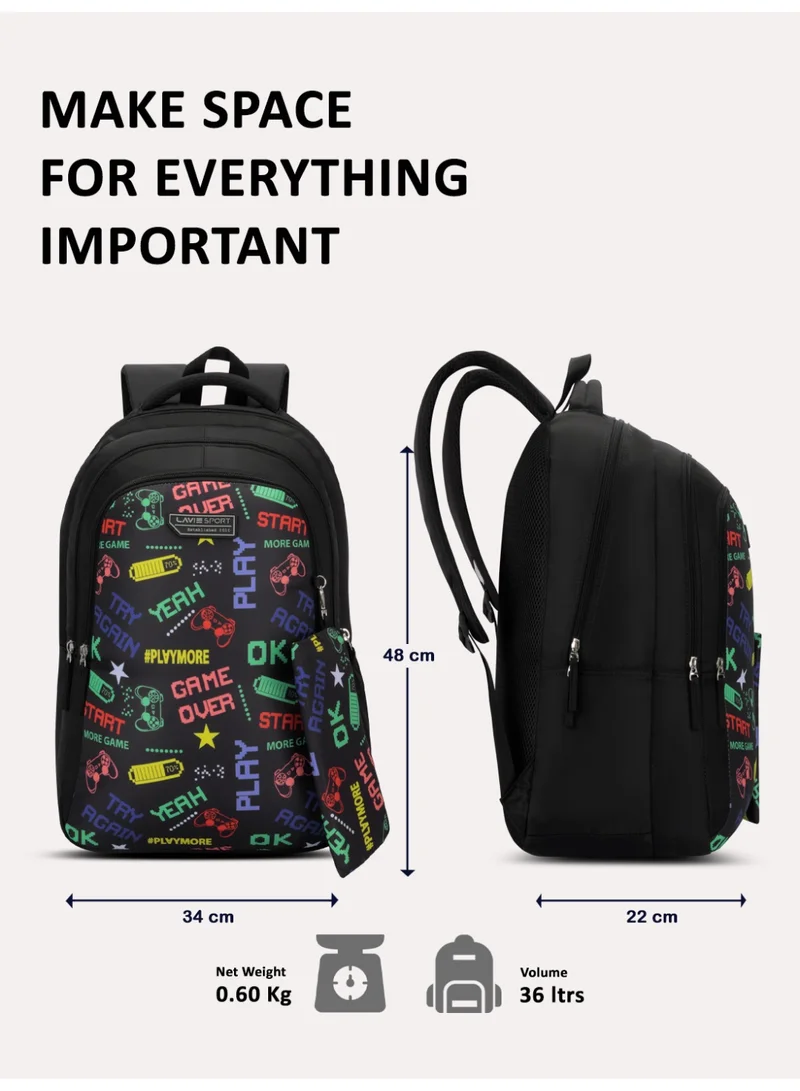 Lavie  Sport 36L Play Backpack | 19 inches | Laptop Compatiable | Pencil Pouch |(Black)  | Best Price UAE