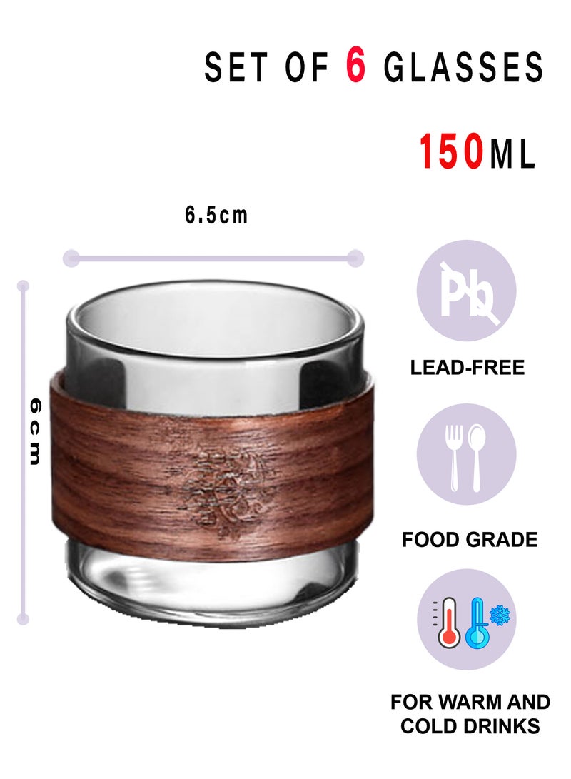 6-Piece Transparent Black 150Ml High Borosilicate Glass Coffee Cups – Wooden Ring Heat-Resistant Design Drinking Glasses For Coffee & Beverage  - Image 2