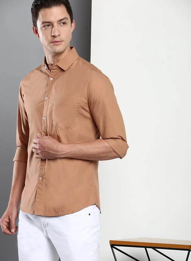 Dennis Lingo Men's Slim Fit Camel Brown Casual Cotton Spread Shirt
