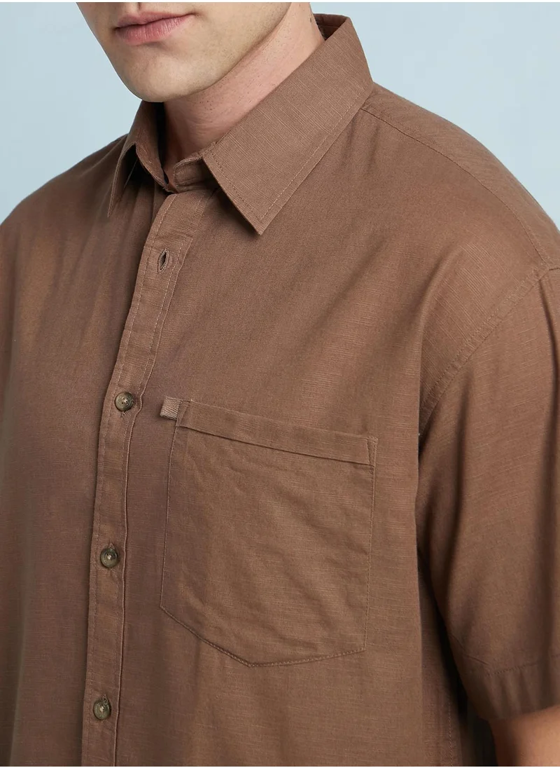 دينيس لينغو Brown Relaxed fit Shirts Textured design crafted from 100% Cotton featuring Half Sleeve with Button closure.