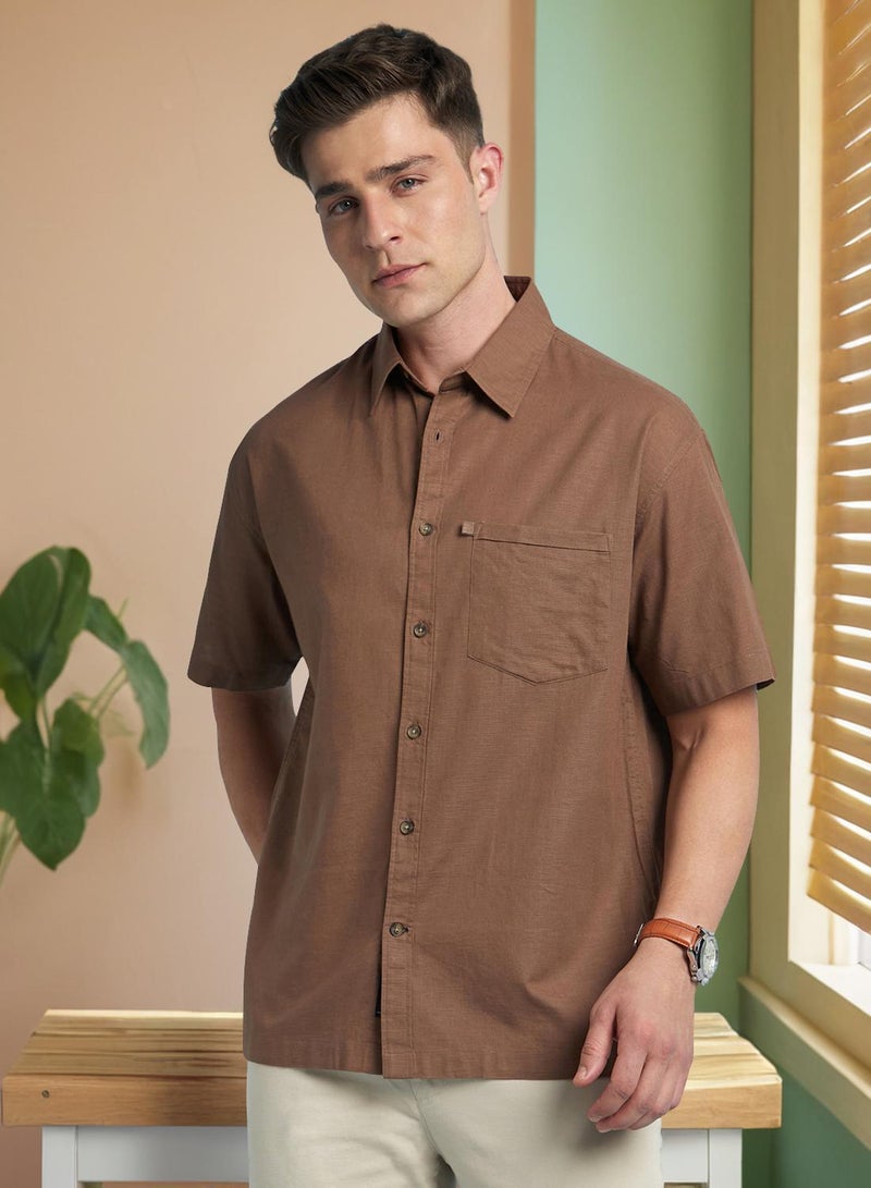 Dennis Lingo Men's Brown 100% Cotton Textured Button Down Relaxed Shirt  - Image 1