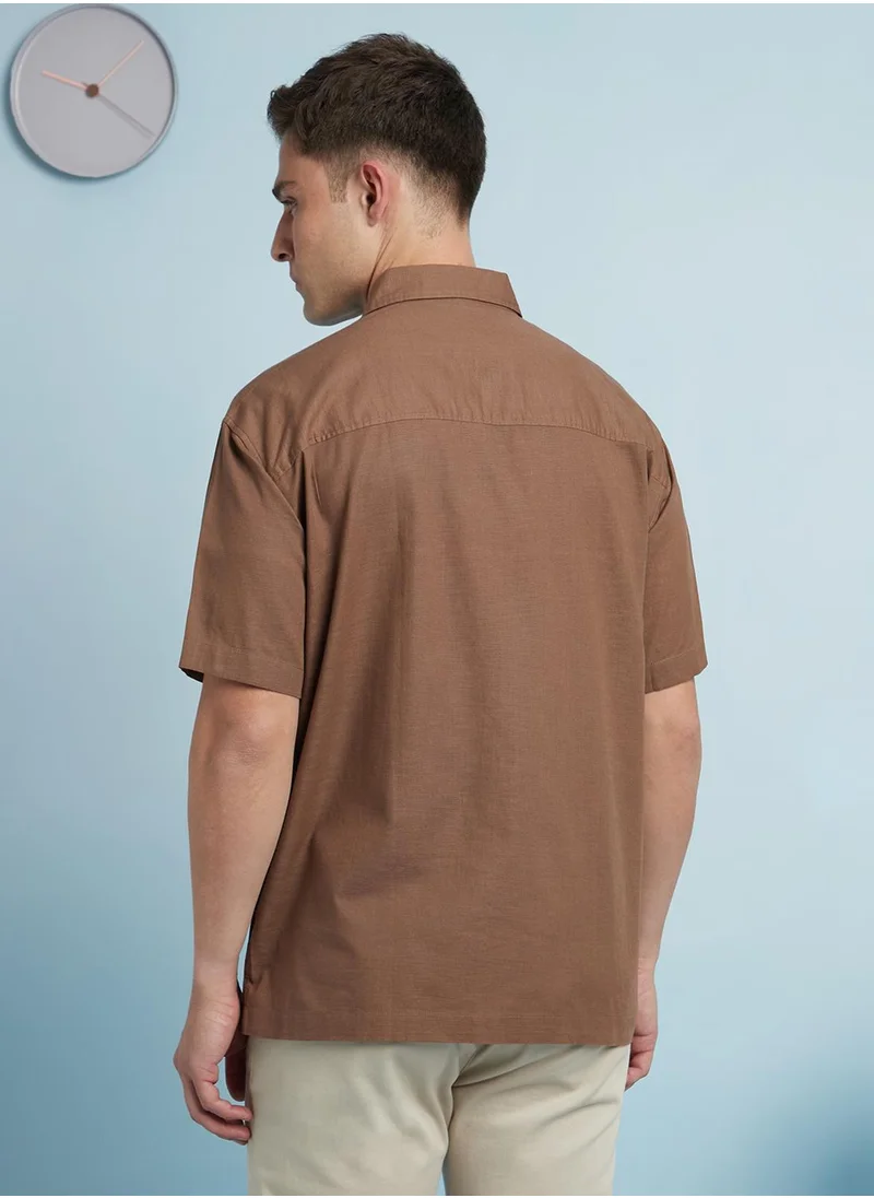 دينيس لينغو Brown Relaxed fit Shirts Textured design crafted from 100% Cotton featuring Half Sleeve with Button closure.
