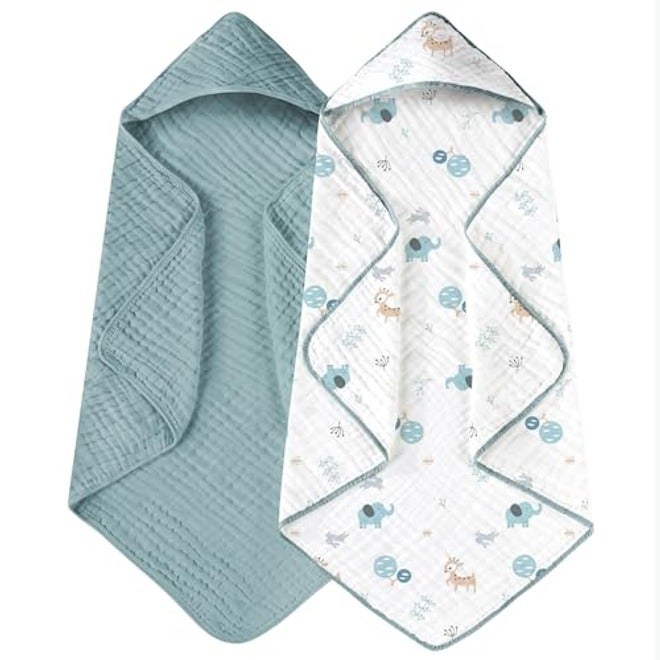 Yoofoss Hooded Baby Bath Towels 2 Pack - 100% Muslin Organic Cotton, Soft & Absorbent for Newborn, Babies, Toddlers, 32x32 Inch, Beige & Coffee