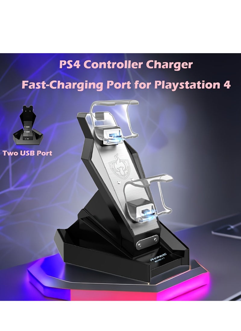 فوينيكاس - محطة شحن وحدة تحكم PS4 T1 - قاعدة شحن USB مزدوجة لوحدة التحكم لجهاز PlayStation 4 وPS4 SLIM وPS4 PRO - مؤشر LED - مع كابل ميكرو | أسود - Image 1