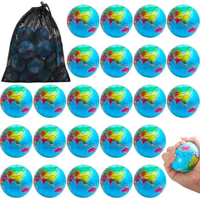 Cptoion Pack of 24 Stress Ball Globe Small, 6.35 cm Anti-Stress Ball World Stress Balls, Soft Globe Foam Stress Ball Toy for Children Adults Finger Exercises School Party Gifts - Image 1
