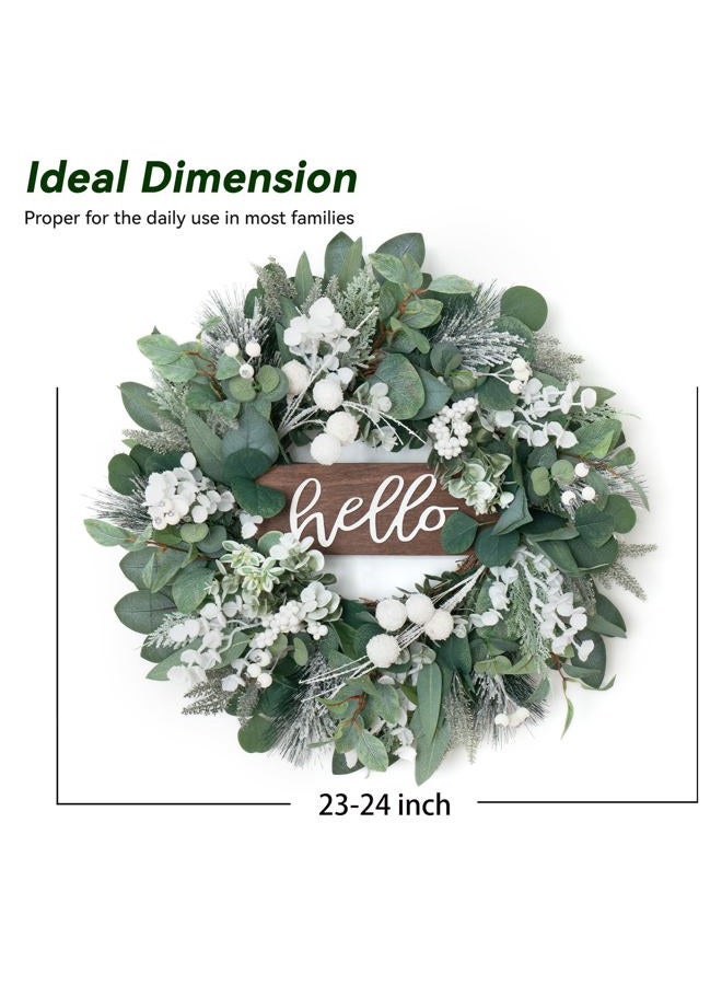Soomeir Winter Wreaths Front Door, Soomeir 24 Inch Winter Door Wreath with Snow Leaves, Pines Needles and Hello Wooden Sign for Home Window Mantle Indoor Outdoor Decor - Image 4