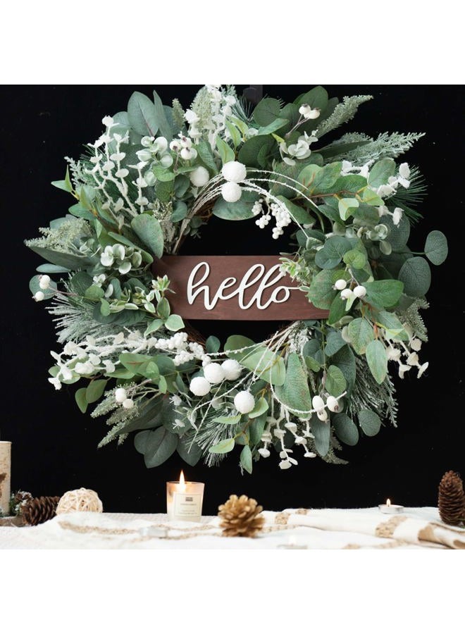 Soomeir Winter Wreaths Front Door, Soomeir 24 Inch Winter Door Wreath with Snow Leaves, Pines Needles and Hello Wooden Sign for Home Window Mantle Indoor Outdoor Decor - Image 5