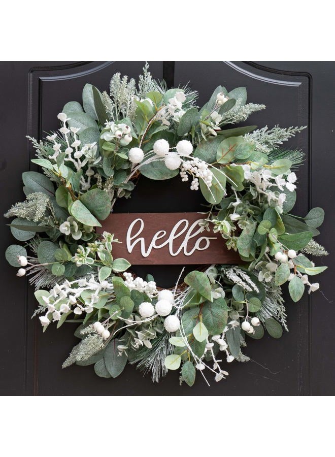 Soomeir Winter Wreaths Front Door, Soomeir 24 Inch Winter Door Wreath with Snow Leaves, Pines Needles and Hello Wooden Sign for Home Window Mantle Indoor Outdoor Decor - Image 1