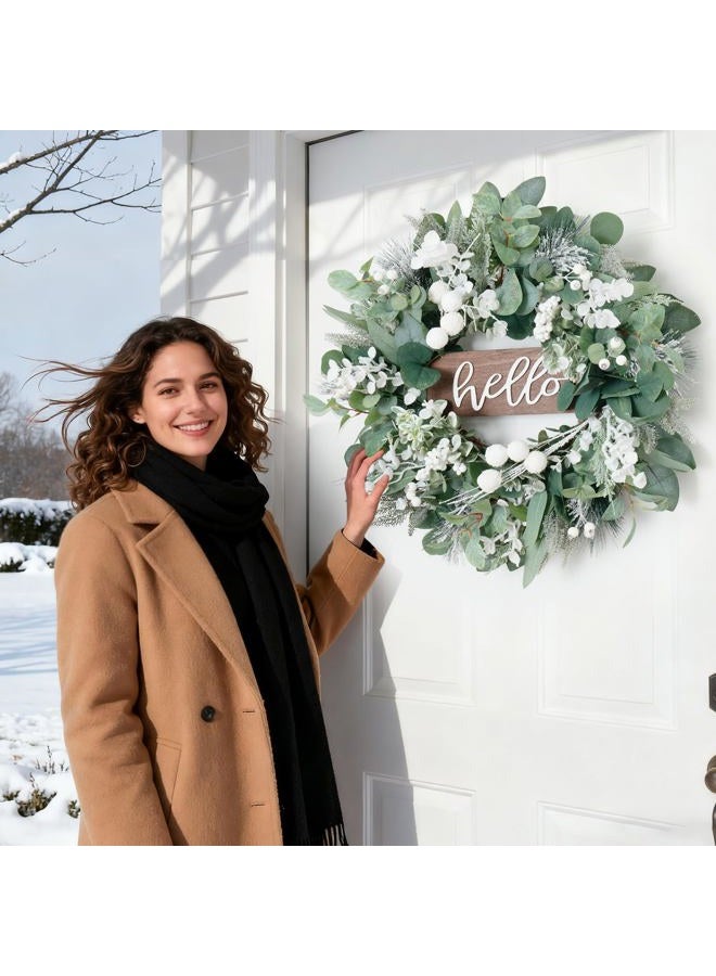 Soomeir Winter Wreaths Front Door, Soomeir 24 Inch Winter Door Wreath with Snow Leaves, Pines Needles and Hello Wooden Sign for Home Window Mantle Indoor Outdoor Decor - Image 2