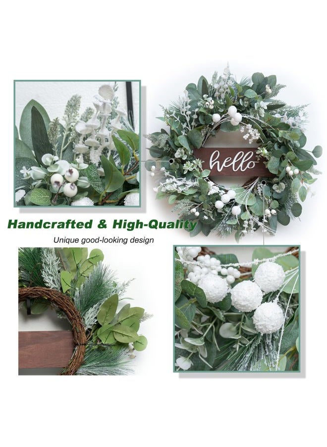 Soomeir Winter Wreaths Front Door, Soomeir 24 Inch Winter Door Wreath with Snow Leaves, Pines Needles and Hello Wooden Sign for Home Window Mantle Indoor Outdoor Decor - Image 3
