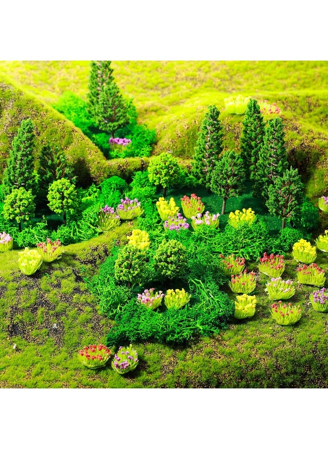Canlierr - 55 Pcs Mini Model Trees Flower Cluster Grass Mat Set, 36 Flower Vegetation Groups 15 Mixed Miniature Trees 4 Artificial Fake Turf, Train Railroad Park Scenery for DIY Crafts, Building Model, Landscape - Image 1