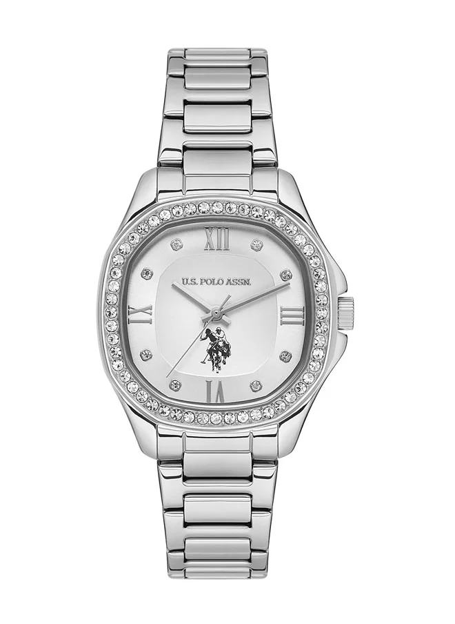 U.S. Polo Assn. U.S. Polo Assn. Stile Ladies' 32x39mm Watch with Silver Roman Numeral Dial, Stone-Studded Bezel & Dual-Toned Stainless Steel Bracelet - USPA2088-01, Modern Elegance for Every Occasion