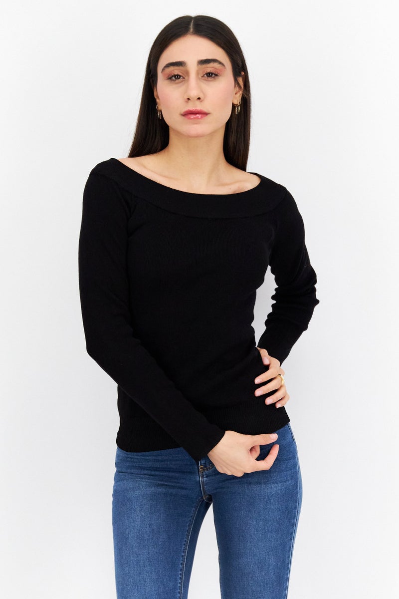 Tahari بلوزة نسائية بأكمام طويلة وياقة قارب، سوداء - Image 1