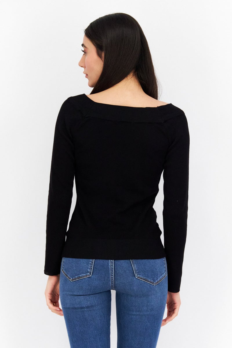 Tahari بلوزة نسائية بأكمام طويلة وياقة قارب، سوداء - Image 3