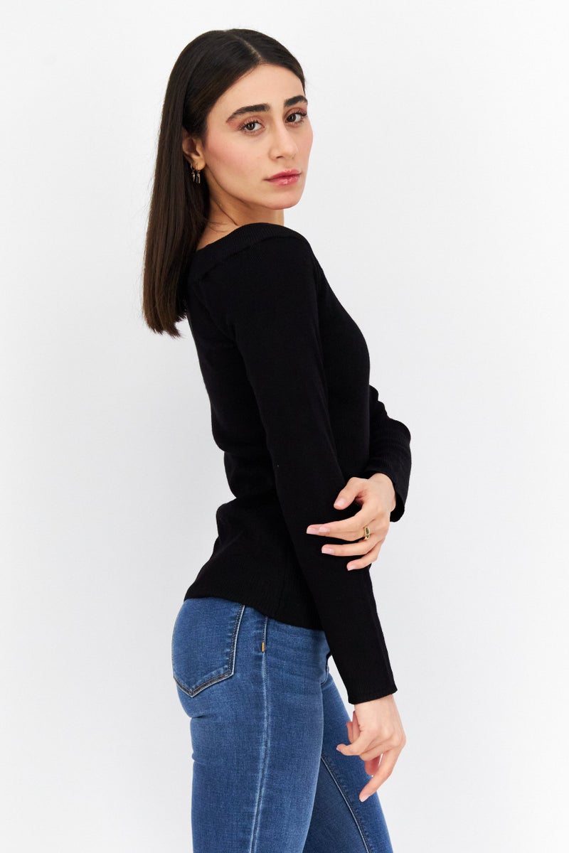 Tahari بلوزة نسائية بأكمام طويلة وياقة قارب، سوداء - Image 2