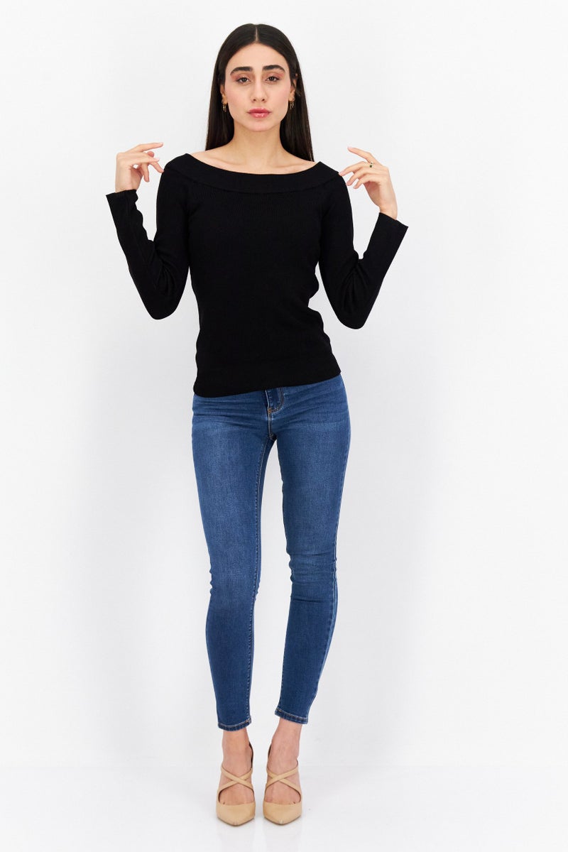 Tahari بلوزة نسائية بأكمام طويلة وياقة قارب، سوداء - Image 4