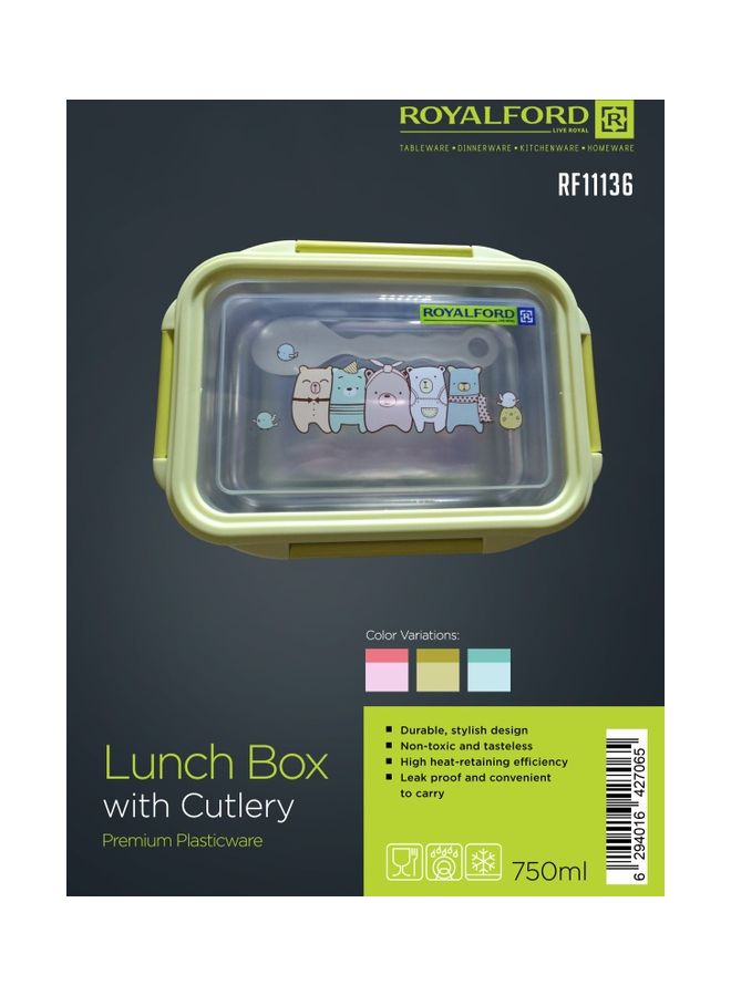 Royalford Sturdy Locks And Leak-Proof Food-Safe Lunch Box With Cutlery And Lid Multicolour 750ml - Image 2