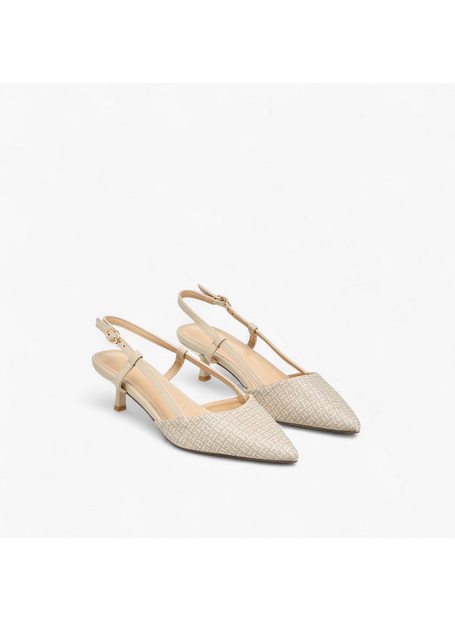 Flora Bella By Shoexpress Women Monogram Print Pointed Toe Shoes with Kitten Heels and Buckle Closure  - Image 1