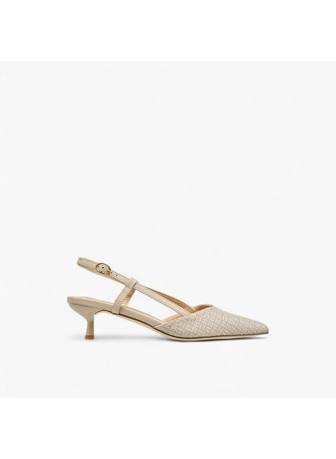 Women Monogram Print Pointed Toe Shoes with Kitten Heels and Buckle Closure