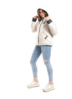 Andora Waterproof Plain Adjustable Hooded Puffer Cream Jacket_White  - Image 4
