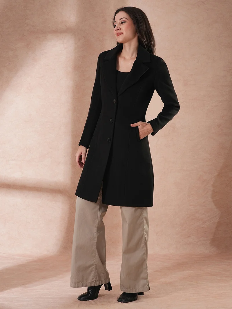 جلو باص Women Tailored Fit Notched Lapel Collar Single-Breasted Pea Coat