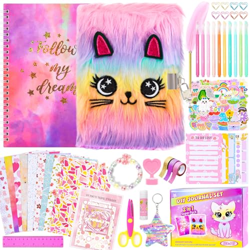 OFFIGIFT 2Pack DIY Journal Kit for Girls Ages 812 13 14 Year Olds Birthday Gifts for Teen Girls 110pcs Cute Scrapbook Supplies Stationary Journaling Art Crafts Trendy Stuff for Kids Cat Diary with Lock - Image 1