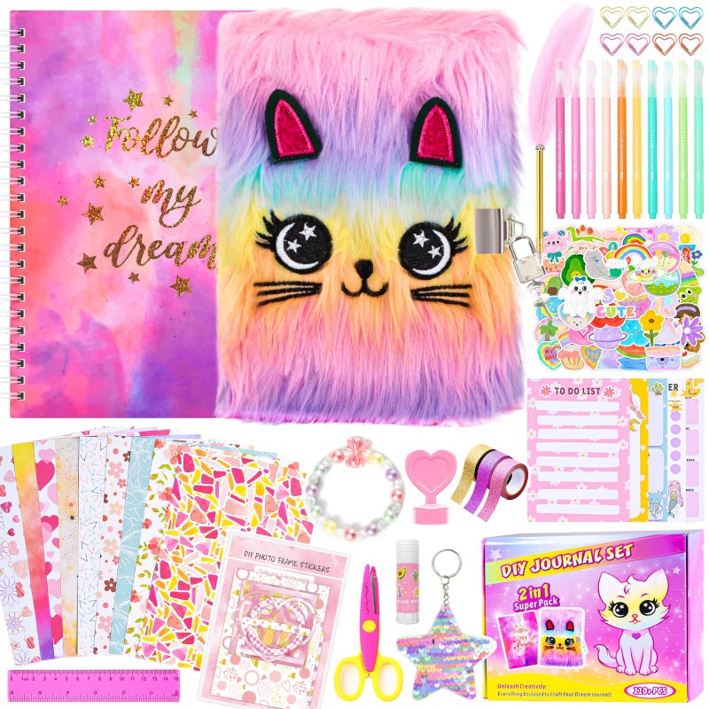 OFFIGIFT 2Pack DIY Journal Kit for Girls Ages 812 13 14 Year Olds Birthday Gifts for Teen Girls 110pcs Cute Scrapbook Supplies Stationary Journaling Art Crafts Trendy Stuff for Kids Cat Diary with Lock - Image 4