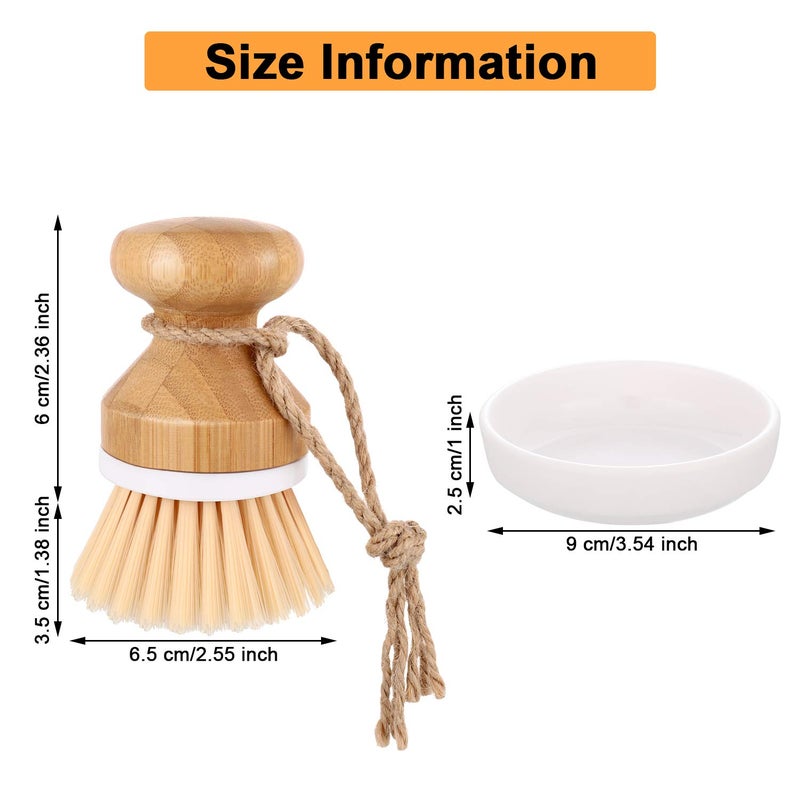 Boao 3 Pieces Bamboo Dish Scrub Brush Natural Wooden Kitchen Cleaning Scrubbers Durable Bamboo Palm Household Pot Scrubber Brush and 1 Holder for Dishes Pots Pans Kitchen Sink Cleaning - Image 2