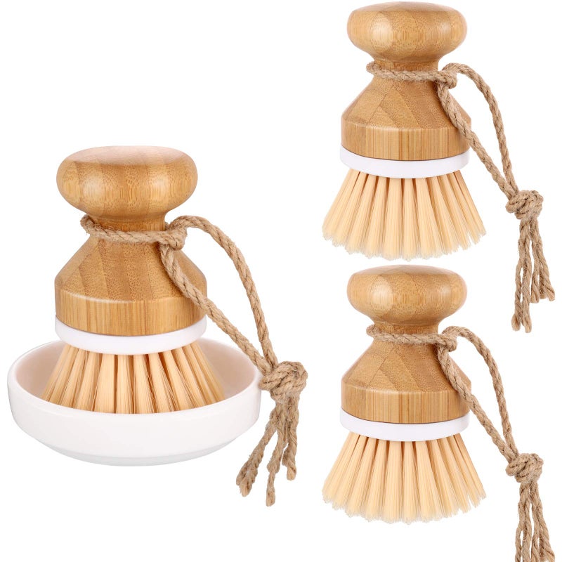 Boao 3 Pieces Bamboo Dish Scrub Brush Natural Wooden Kitchen Cleaning Scrubbers Durable Bamboo Palm Household Pot Scrubber Brush and 1 Holder for Dishes Pots Pans Kitchen Sink Cleaning - Image 1
