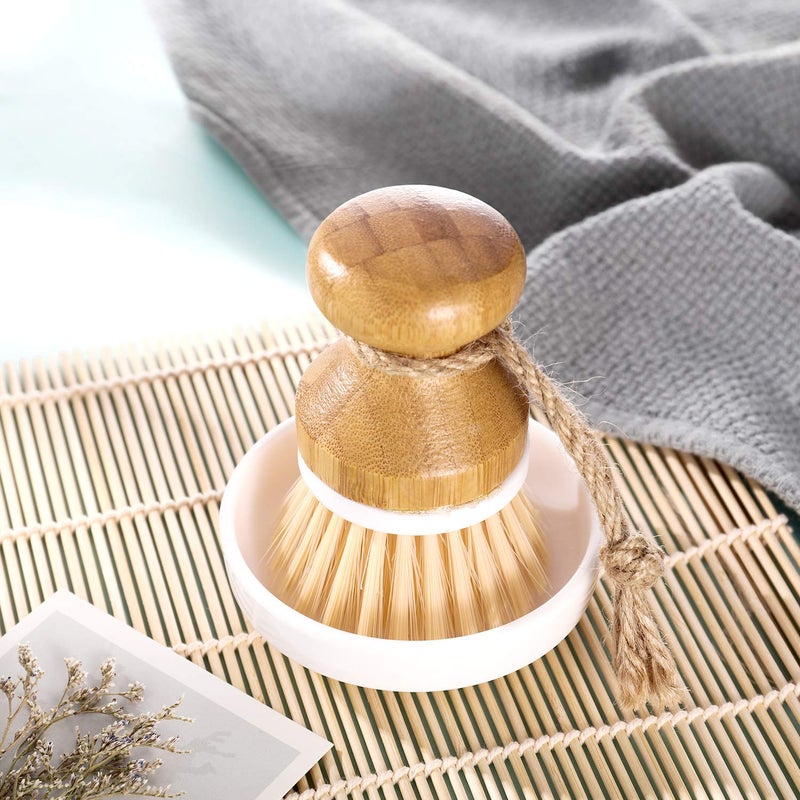 Boao 3 Pieces Bamboo Dish Scrub Brush Natural Wooden Kitchen Cleaning Scrubbers Durable Bamboo Palm Household Pot Scrubber Brush and 1 Holder for Dishes Pots Pans Kitchen Sink Cleaning - Image 5