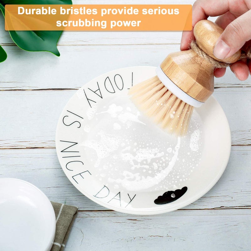 Boao 3 Pieces Bamboo Dish Scrub Brush Natural Wooden Kitchen Cleaning Scrubbers Durable Bamboo Palm Household Pot Scrubber Brush and 1 Holder for Dishes Pots Pans Kitchen Sink Cleaning - Image 4