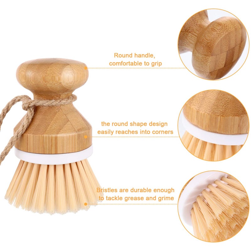 Boao 3 Pieces Bamboo Dish Scrub Brush Natural Wooden Kitchen Cleaning Scrubbers Durable Bamboo Palm Household Pot Scrubber Brush and 1 Holder for Dishes Pots Pans Kitchen Sink Cleaning - Image 3
