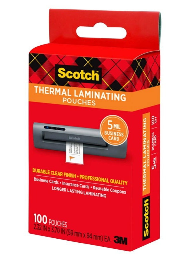 Scotch  Thermal Laminating Pouches, 100 Count, Clear, 5 mil., Laminate Business Cards, Banners and Essays, Ideal Office or School Supplies, Fits Business Card (2.3 in. × 3.7 in.) Paper - Image 1