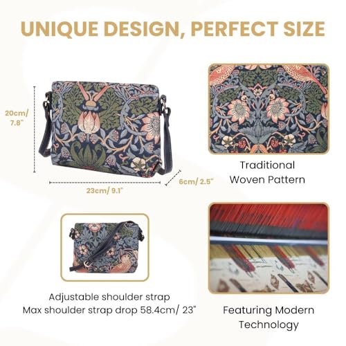 Signare Tapestry Crossbody Bag Shoulder Purse for Women In Flower and Bird William Morris Strawberry Thief Blue Design(XB02-STBL) - Image 3