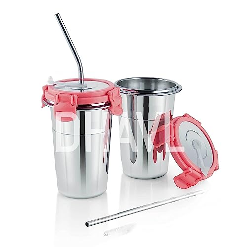 Dhavl Stainless Steel Tumbler with Silicon Aperture Steel Lid Leak Proof Set of 2 pcs with 2 Straws 2 Brush Steel Glass with Lid Capacity 400ML (Ice Pink, 400ml * 2 pcs) - Image 1