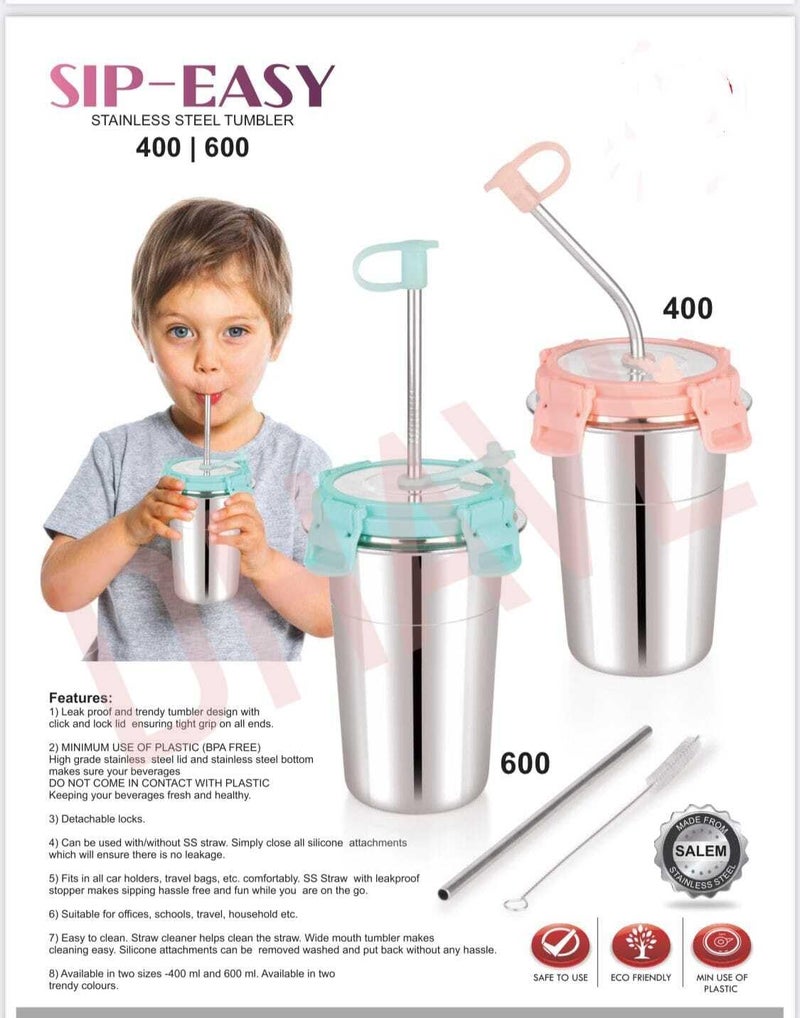 Dhavl Stainless Steel Tumbler with Silicon Aperture Steel Lid Leak Proof Set of 2 pcs with 2 Straws 2 Brush Steel Glass with Lid Capacity 400ML (Ice Pink, 400ml * 2 pcs) - Image 4