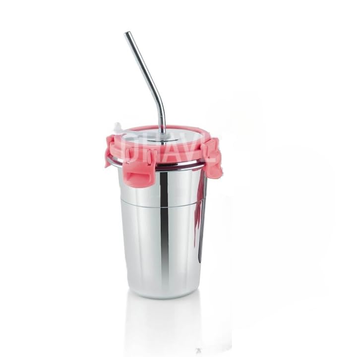 Dhavl Stainless Steel Tumbler with Silicon Aperture Steel Lid Leak Proof Set of 2 pcs with 2 Straws 2 Brush Steel Glass with Lid Capacity 400ML (Ice Pink, 400ml * 2 pcs) - Image 2