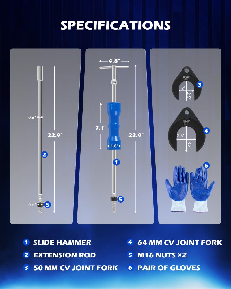 Orion Motor Tech CV Axle Removal Tool, 4 pc. Axle Puller Set with 50 & 64 mm CV Joint Forks Heavy-Duty Slide Hammer, CV Shaft Removal Tool for Ford Taurus Mercury Sable SVT Raptor Lincoln Navigator - Image 3