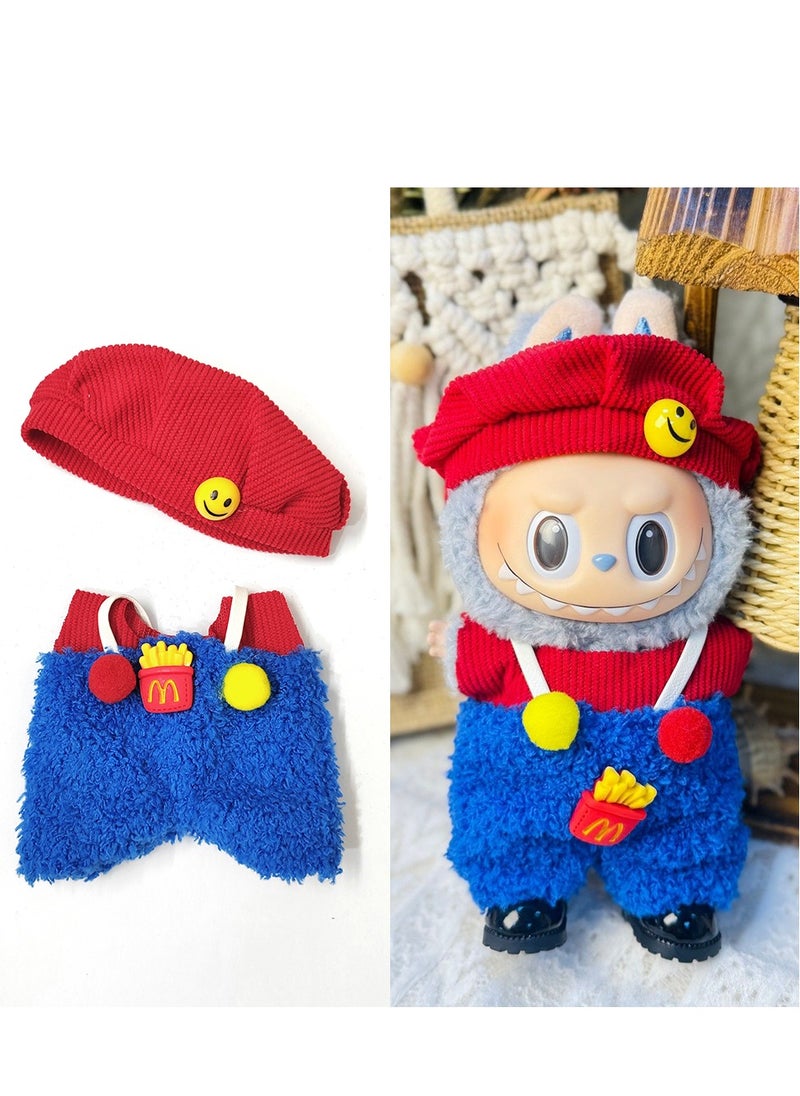 LABUBU Labubu Fast Food Style Outfit: Red Shirt, Blue Pants & Cap for 17cm Doll (M-Logo & Fries Design) - Costume Set Only (Doll/Shoes Not Incl.) 