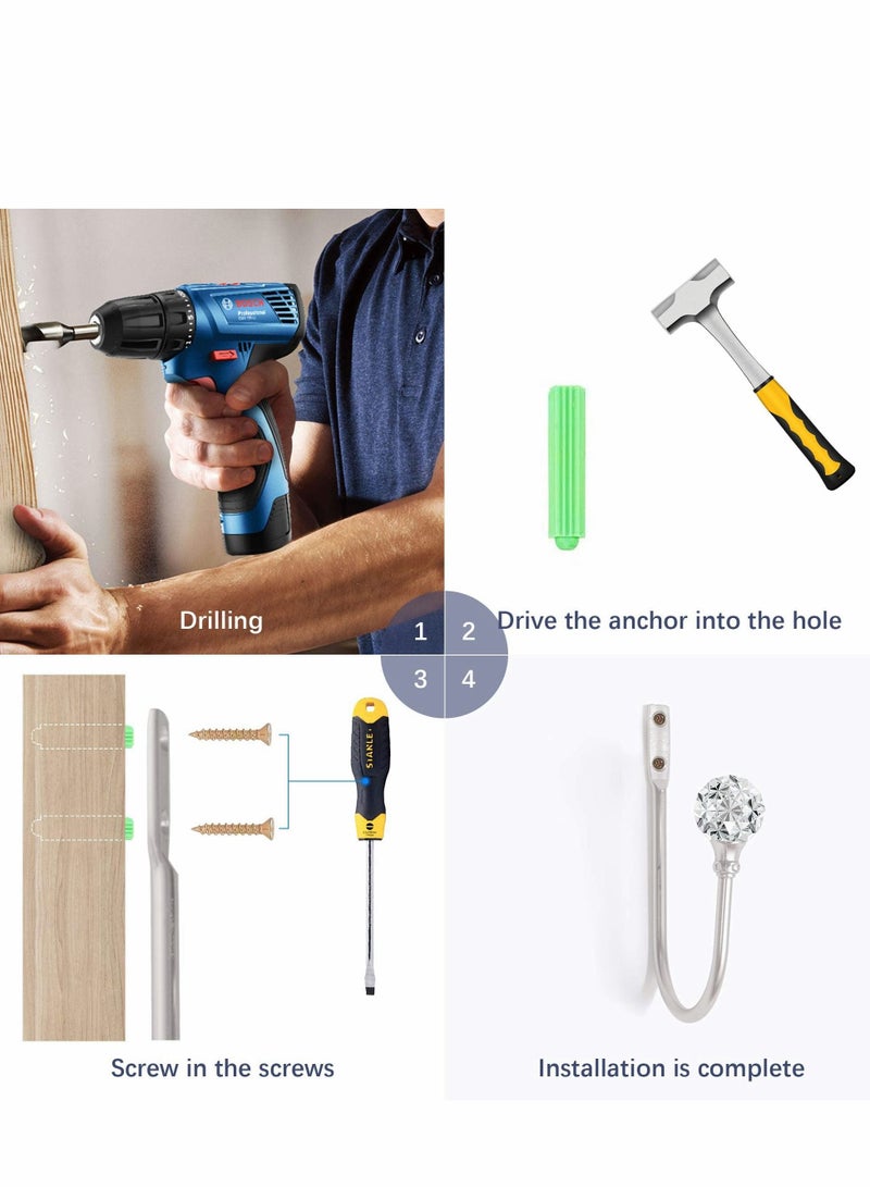 Excefore Curtain Holdback, Wall Mounted Drapery Tiebacks with Clear Crystal Ball, Heavy Duty Metal Decorative Window Holder Hooks Screws (2PCS) - Image 5