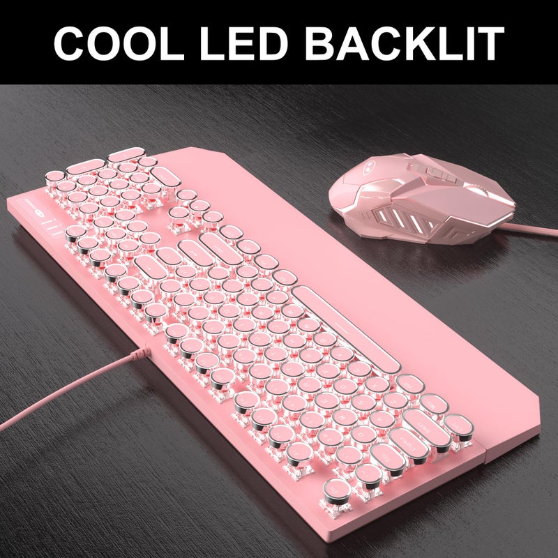 Camiysn Retro Pink Typewriter-Style Keyboard and Mouse Combo, Cute Light Up Wired Mechanical Keyboard with Linear Red Switches, Full Size for Gaming, Work, Mac, PC, Windows - Image 3