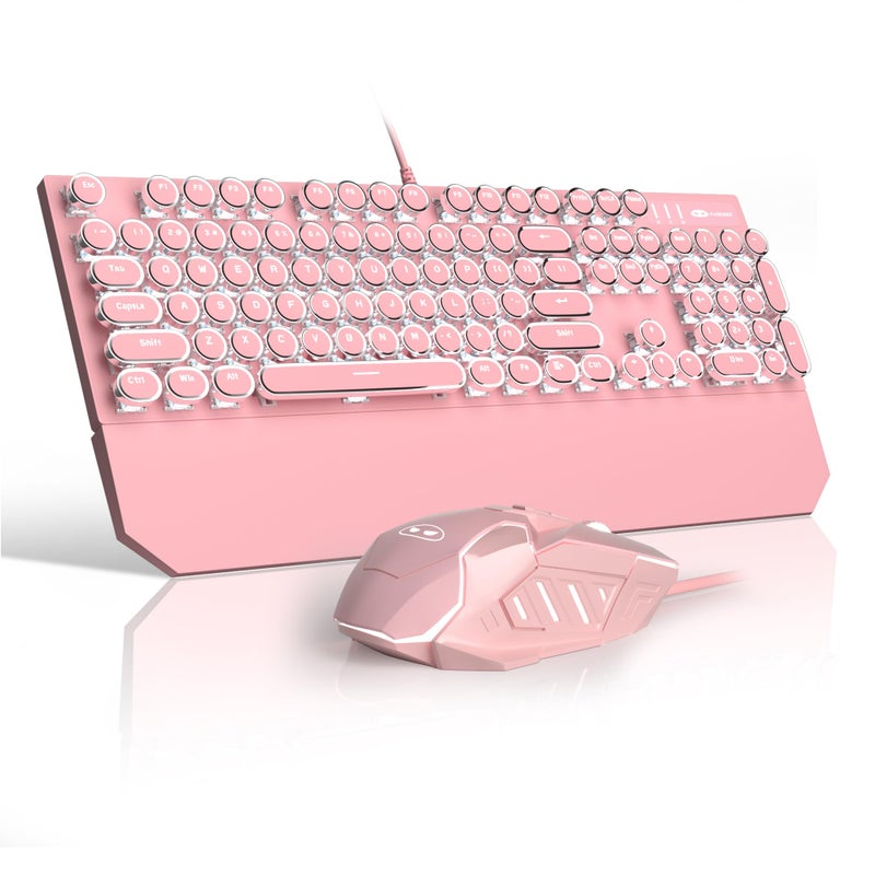 Camiysn Retro Pink Typewriter-Style Keyboard and Mouse Combo, Cute Light Up Wired Mechanical Keyboard with Linear Red Switches, Full Size for Gaming, Work, Mac, PC, Windows - Image 1