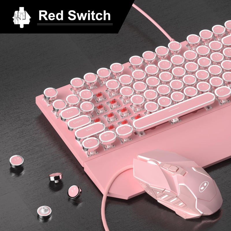 Camiysn Retro Pink Typewriter-Style Keyboard and Mouse Combo, Cute Light Up Wired Mechanical Keyboard with Linear Red Switches, Full Size for Gaming, Work, Mac, PC, Windows - Image 2