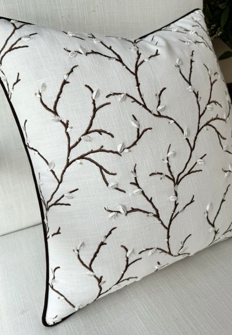 VAGMINE Embroidered Botanical Throw Pillow Cover 18x18 – Ivory Cotton Square Accent Cushion for Sofa, Bed & Living Room – Pussy Willow - Image 3