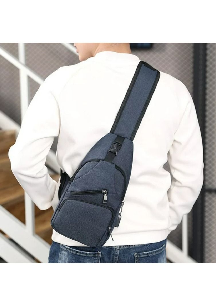 Casual Men Outdoor Crossbody Shoulder Chest Pouch Sling Bag with USB Charge Port,Blue  - Image 2